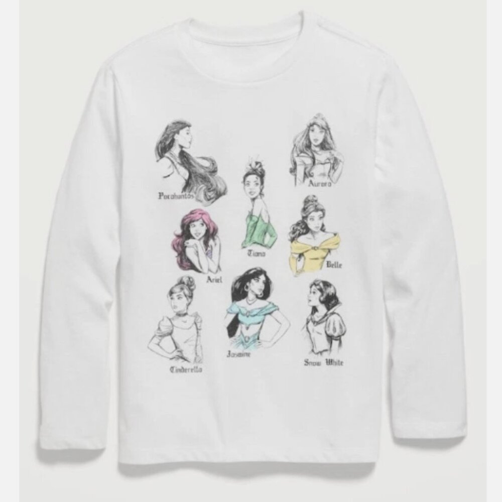 Old Navy Disney Princess White Graphic Long Sleeve Tee Shirt XXL 18 Kids NWT‎